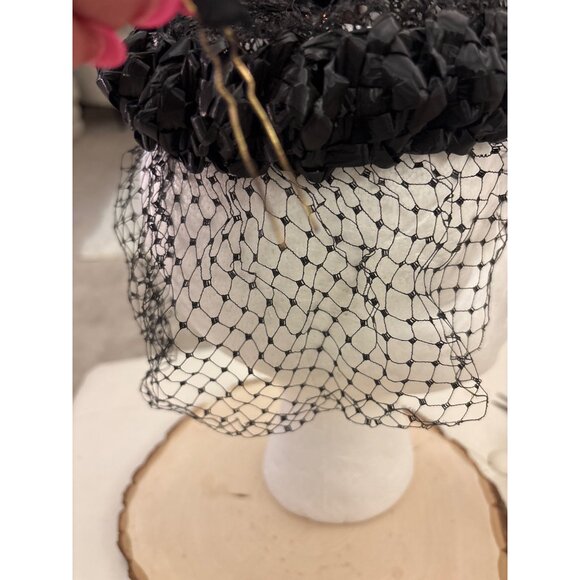 1940s Black Veiled Tilt Hat Velvet Bow Old Hollywood Cocktail Netted main image 8